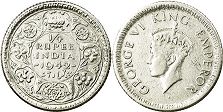 монета Британская Индия 1/4 рупии 1942