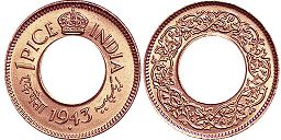 монета Британская Индия 1 пайс 1943