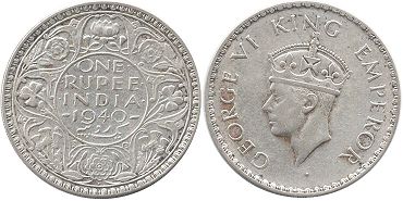 монета Британская Индия 1 рупия 1940