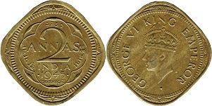 монета Британская Индия 2 анны 1945