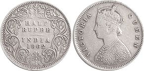 монета Британская Индия 1/2 рупии 1862