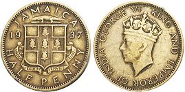 монета Ямайка 1/2 пенни 1937