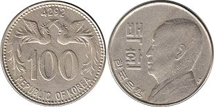монета Южная Корея 100 хван 1959