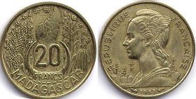 монета Мадагаскар 20 франков 1953