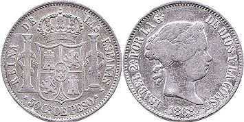 монета Филиппины 50 сентимо 1868