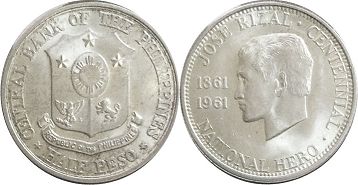 монета Филиппины 1/2 песо 1961