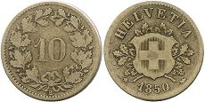 монета Швейцария 10 раппенов 1850