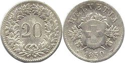 монета Швейцария 20 раппенов 1850