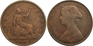 монета Великобритания 1/2 пенни 1861