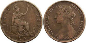 монета Великобритания 1/2 пенни 1876
