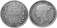 монета Великобритания 6 пенсов 1871