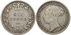 монета Великобритания 6 пенсов 1884