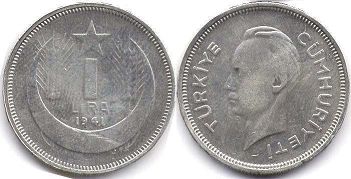 монета Турция 1 лира 1941