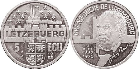 монета Люксембург 5 экю 1993