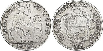 монета Перу 1/2 соль1865