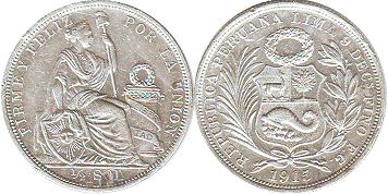 монета Перу 1/2 соль 1915