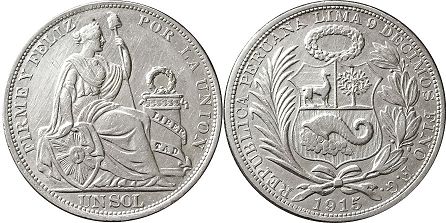 монета Перу 1 соль 1915
