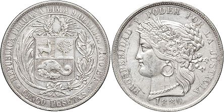 монета перу 5 песет 1880