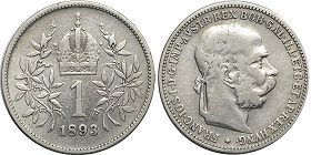 монета Австрийская Империя 1 корона 1893
