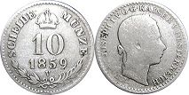монета Австрийская Империя 10 крейцеров 1859