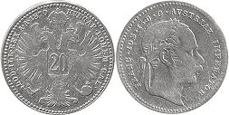 монета Австрийская Империя 20 крейцеров 1870