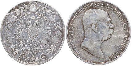 монета Австрийская Империя 5 корон 1909