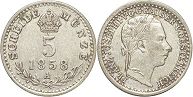 монета Австрийская Империя 5 крейцеров 1858