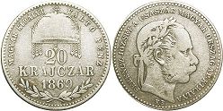 монета Венгрия 20 крейцеров 1869