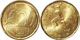 монета Италия 20 евро центов 2018