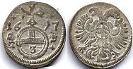 монета Австрия 3 пфеннига 1697