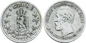 монета Норвегия 1 крона 1877