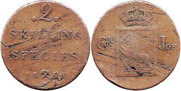 монета Норвегия 2 скиллинга 1824