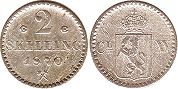 монета Норвегия 2 скиллинга 1870