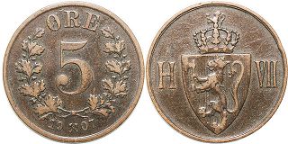 монета Норвегия 5 эре 1907