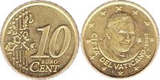 монета Ватикан 10 евро центов 2007