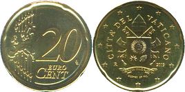 монета Ватикан 20 евро центов 2019