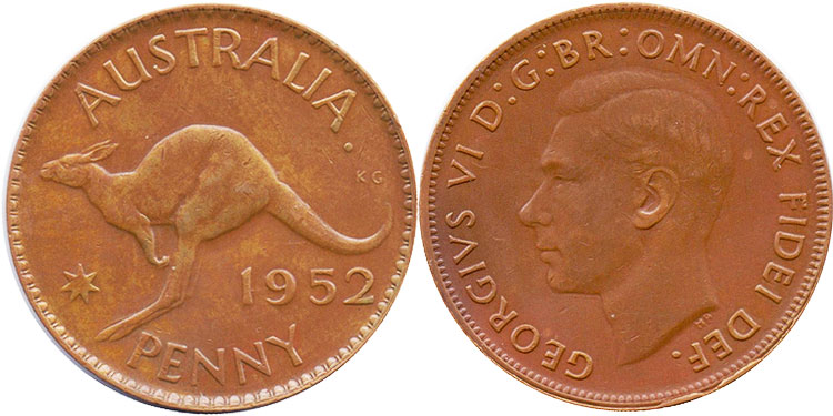 Австралия монета 1 пенни 1952
