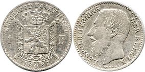 монета Бельгия 1 франк 1887