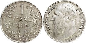 монета Бельгия 1 франк 1909