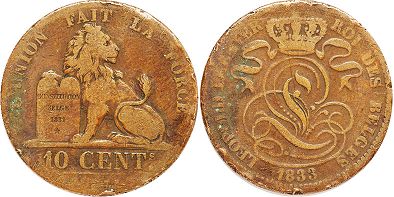 монета Бельгия 10 сантимов 1833