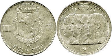 монета Бельгия 100 франков 1950