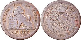 монета Бельгия 2 сантима 1833