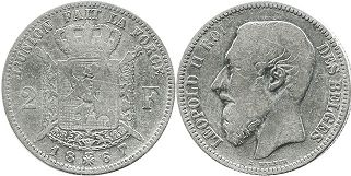 монета Бельгия 2 франка 1867