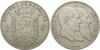 монета Бельгия 2 франка 1880