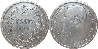 монета Бельгия 2 франка 1904
