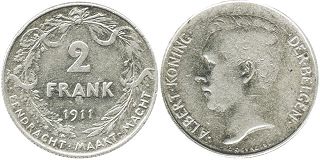 монета Бельгия 2 франка 1911