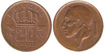 монета Бельгия 20 сантимов 1954