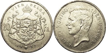 монета Бельгия 20 франков 1932