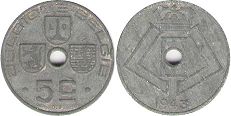 монета Бельгия 5 сантимов 1943