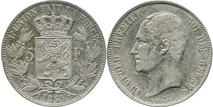 монета Бельгия 5 франков 1850